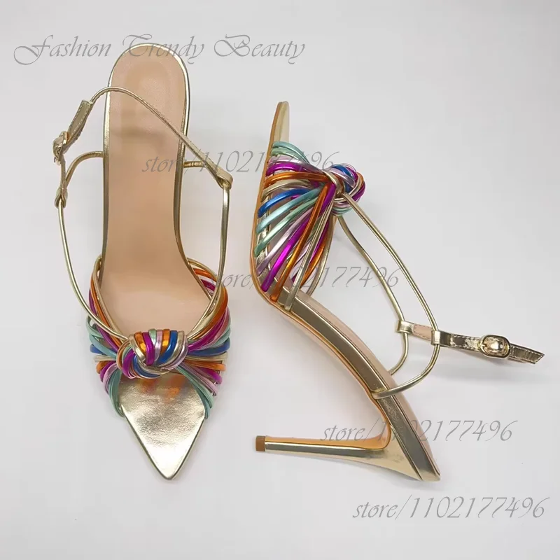 

Gold Pointed Hollow Color Stripe Sandals for Girls Bright Heels Bling Slingback Summer Party Cute Rainbow Graffiti Mixed Shoes