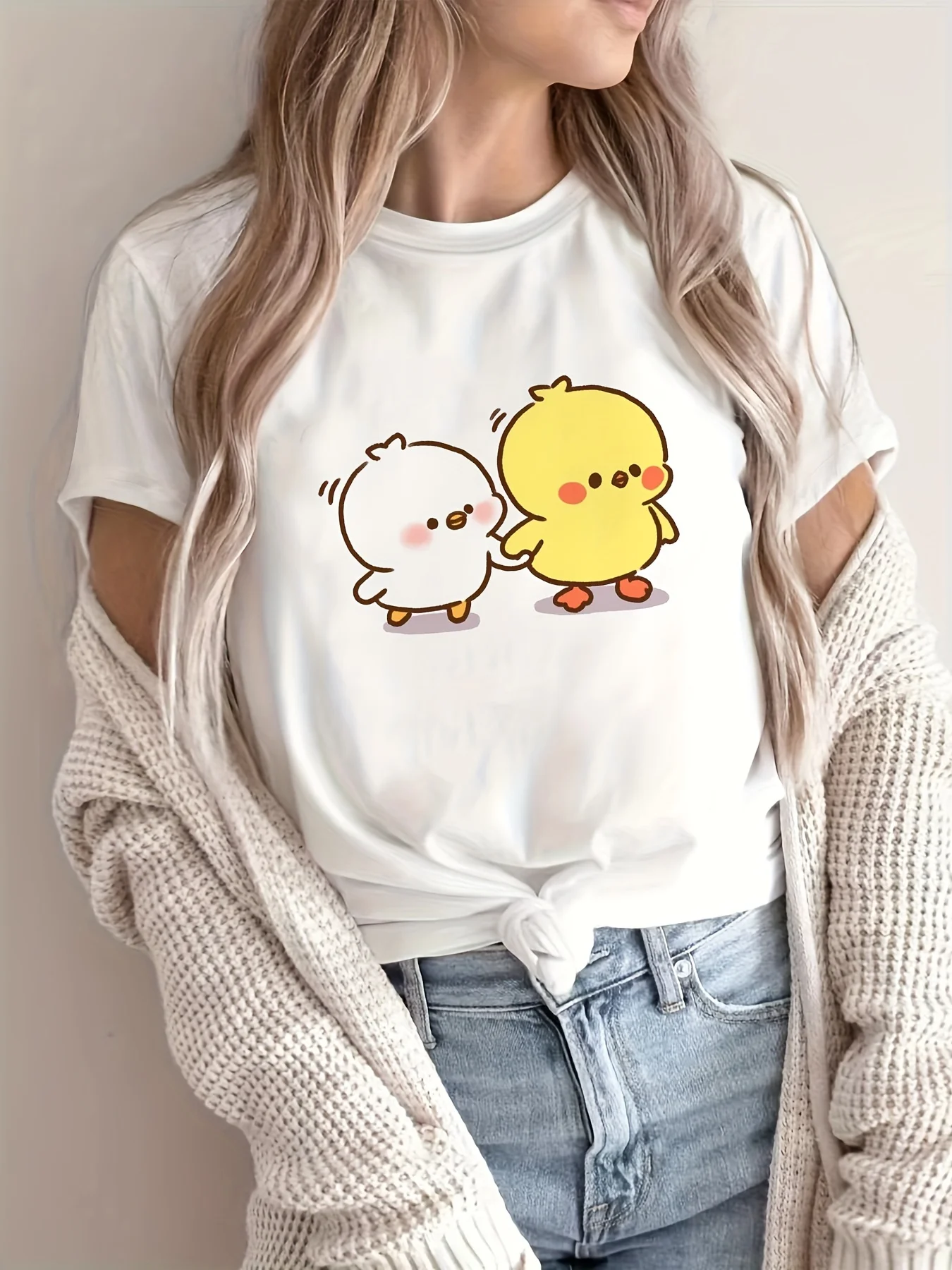 

Camiseta con estampado de pollo y pato de dibujos animados para mujer pantalón corto informal para mujercamiseta de manga
