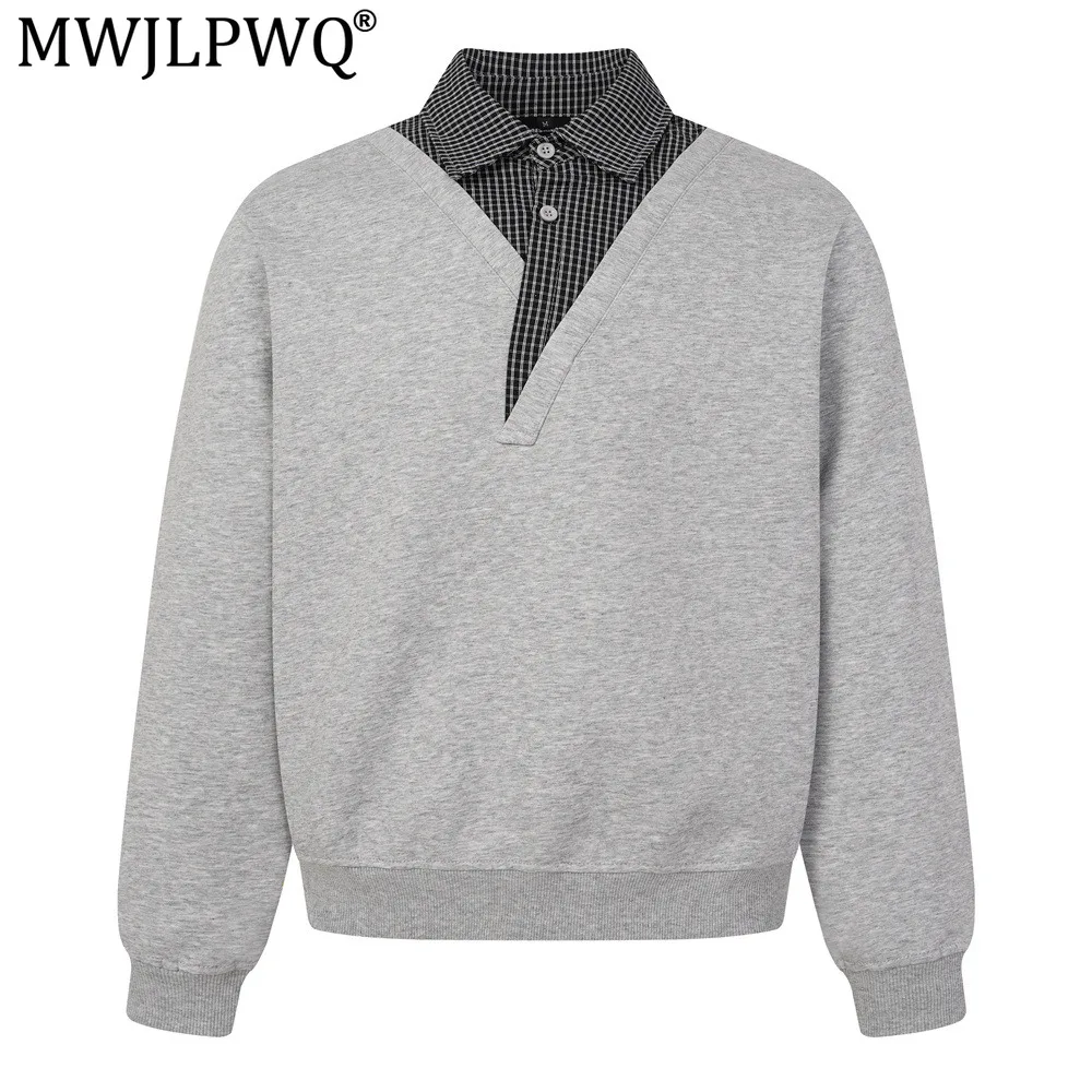 MWJLPWQ Fake Two-Piece Patchwork Plaid Sweatshirt Turn-Down Collar For Men Trendy Irregular Collar Unique Loose-Fit Tops 21005