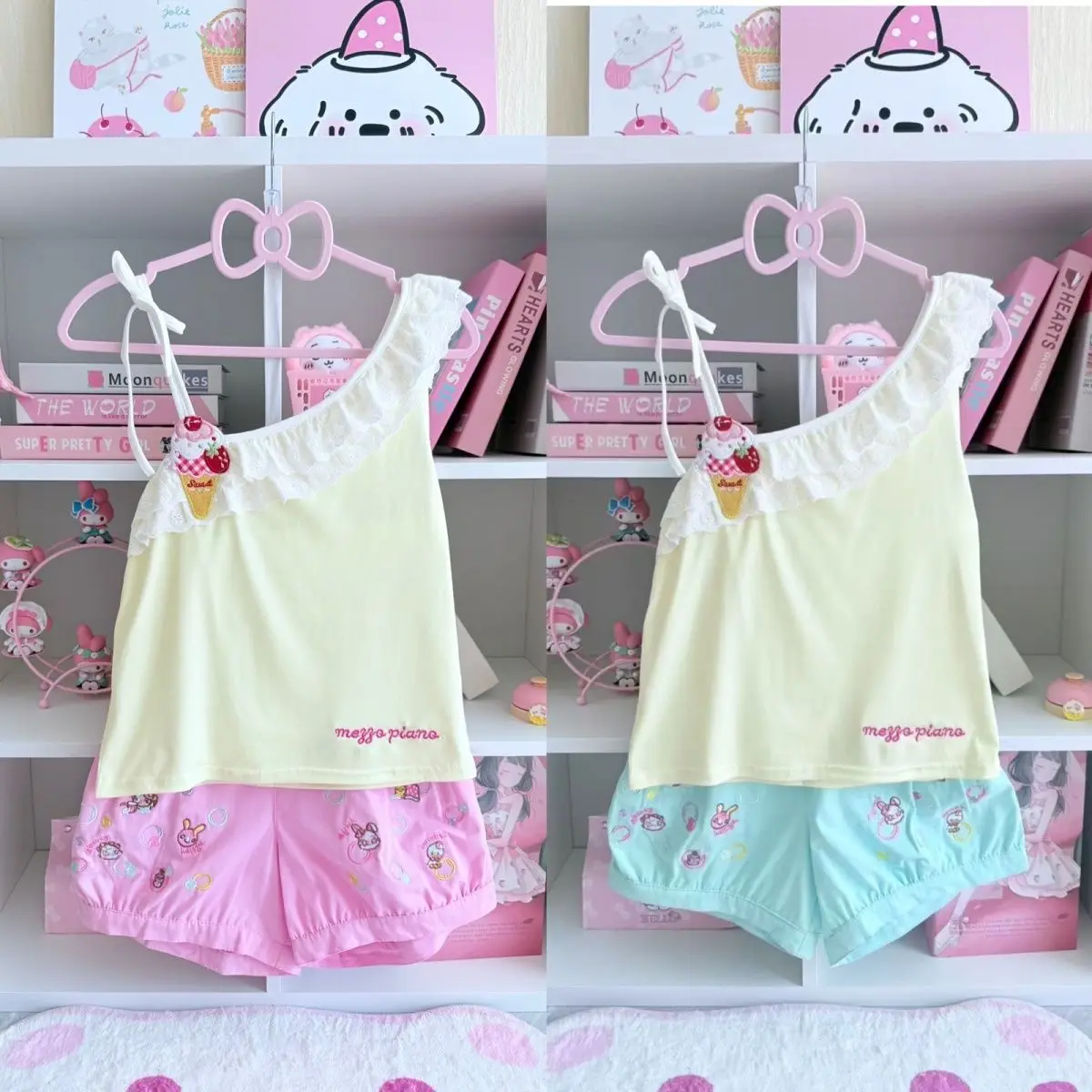 

Ice Cream Embroidery Top + Lantern Shorts Sweet Y2k Suits Summer Sweet Japanese Cartoon Mp Jojifuku 2 Piece Sets Womens Outfits