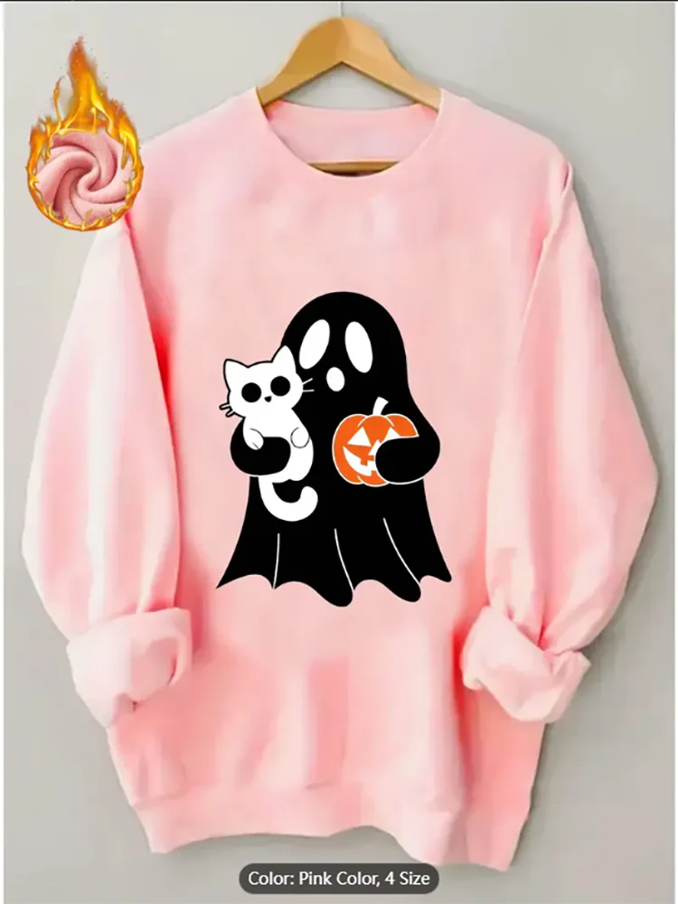 Womens Sweatshirt Ghost Cat Pumpkin Graphic Print Fleece Lined Casual Oversized Pullover Top for Halloween Style Lovers Cotton