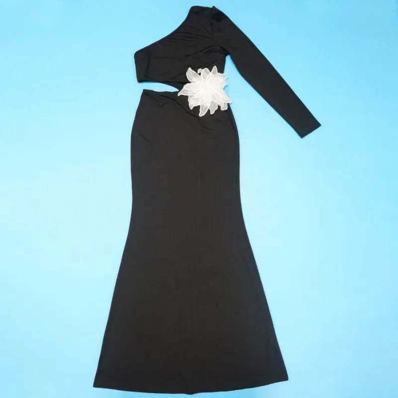 GUWU فستان نسائي طويل بخصر ثلاثي الأبعاد على شكل زهرة بكتف واحد فستان طويل لقضاء عطلة الشاطئ والسهرة وحفلات الشارع فساتين فيستدوس