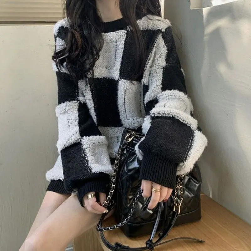 Streetwear Stylish Plaid Patchwork Sweaters Women\'s Clothing Autumn Winter Thick Warm Korean Loose All-match O-Neck Jumpers