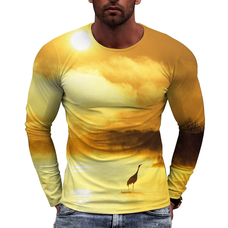 

New Long Sleeve Tees Round Neck Large Men's Top Natural Scenery Pattern Image Print T-shirt