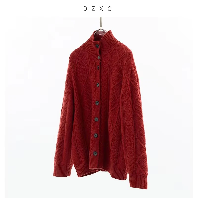 Christmas Red Thick Knit Cardigan Women Winter Loose Fit