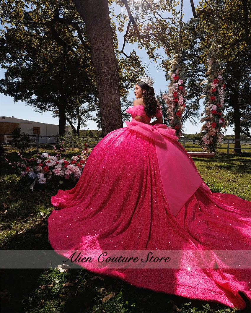 Hot Pink Quinceanera Dress 2025 With Bow Bead Applique Crystal Sweet 16 Birthday Party Dress Vestidos De 15 Años Customized