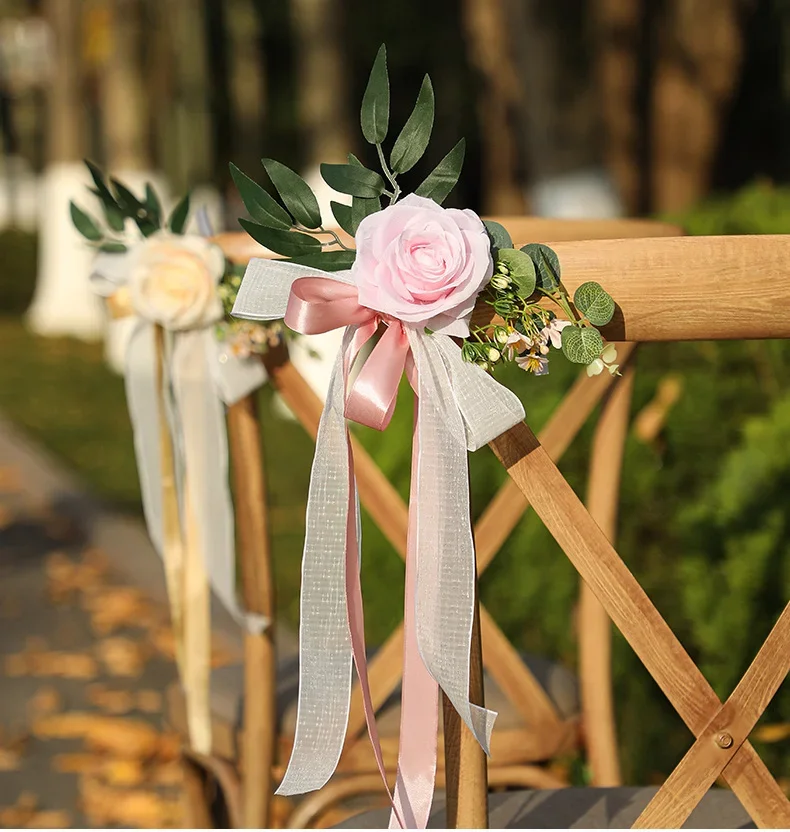 100PCS Wedding Outdoor Lawn Venue Atmosphere Decor Artificial Flowers Simulation Rose Chair Back Flower Chair Floral Decoration