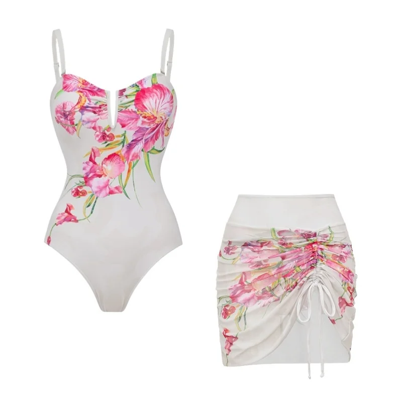 2026 Sexy White Floral Print Swimwear Women Drawstring Side Skirt Set Women V Neck Tummy Control Bathing Suit One Piece Swimsuit