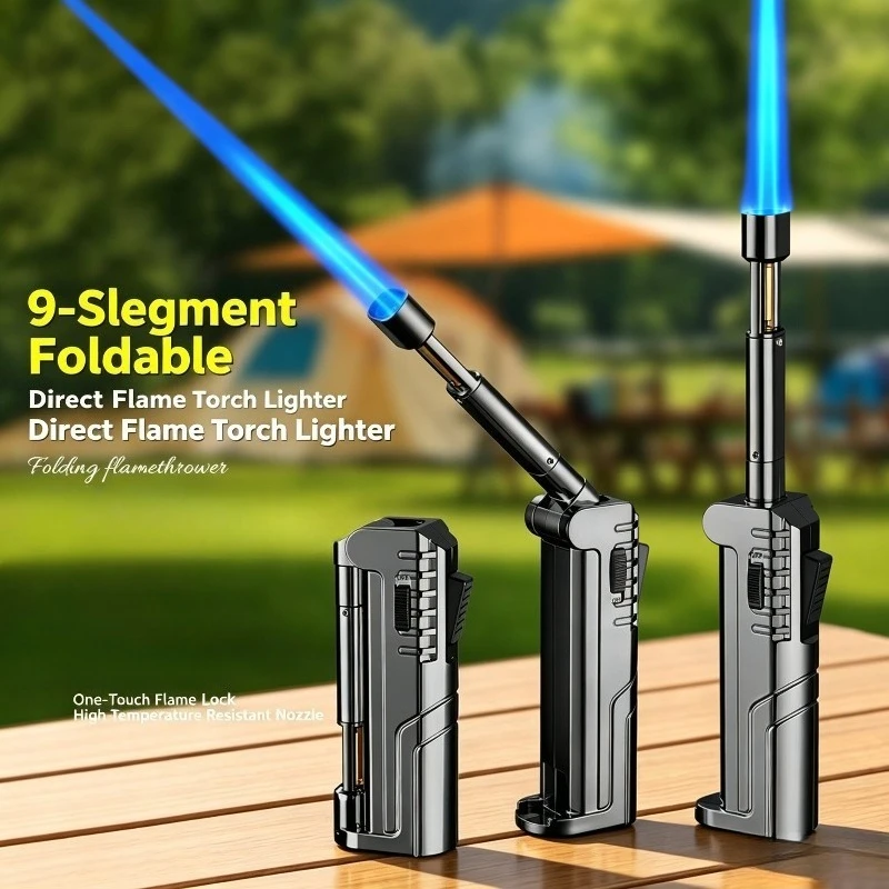 9‑Section Foldable Torch Lighter Windproof Jet Blue Flame Safety Lock Refillable Gas Lighter for Camping BBQ
