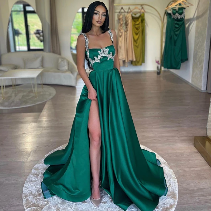 

Thinyfull Formal A-Line Prom Evening Dresses Women High Split Beadings Floor Length Satin Cocktail Party Prom Gowns Custom Size