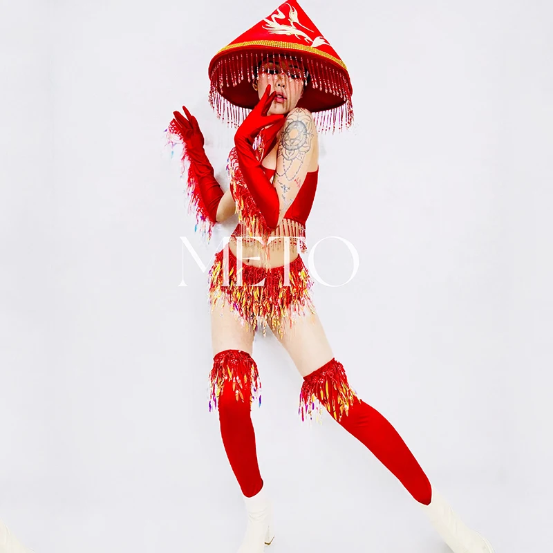 Strój Drag Queen Czerwony kostium taneczny na rurze Seksowna odzież tancerza Gogo Szorty z frędzlami Topy Odzież festiwalowa Ubrania imprezowe 2535