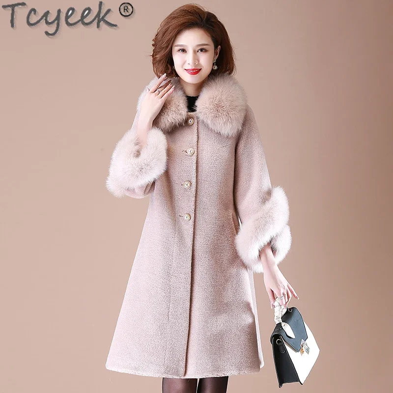 Tcyeek 100% เสื้อขนสัตว์ผู้หญิงแกะ Shearling เสื้อ WARM Fox ขนสัตว์ฤดูหนาวเสื้อผ้าผู้หญิงเสื้อขนสัตว์ Overcoatто Ж