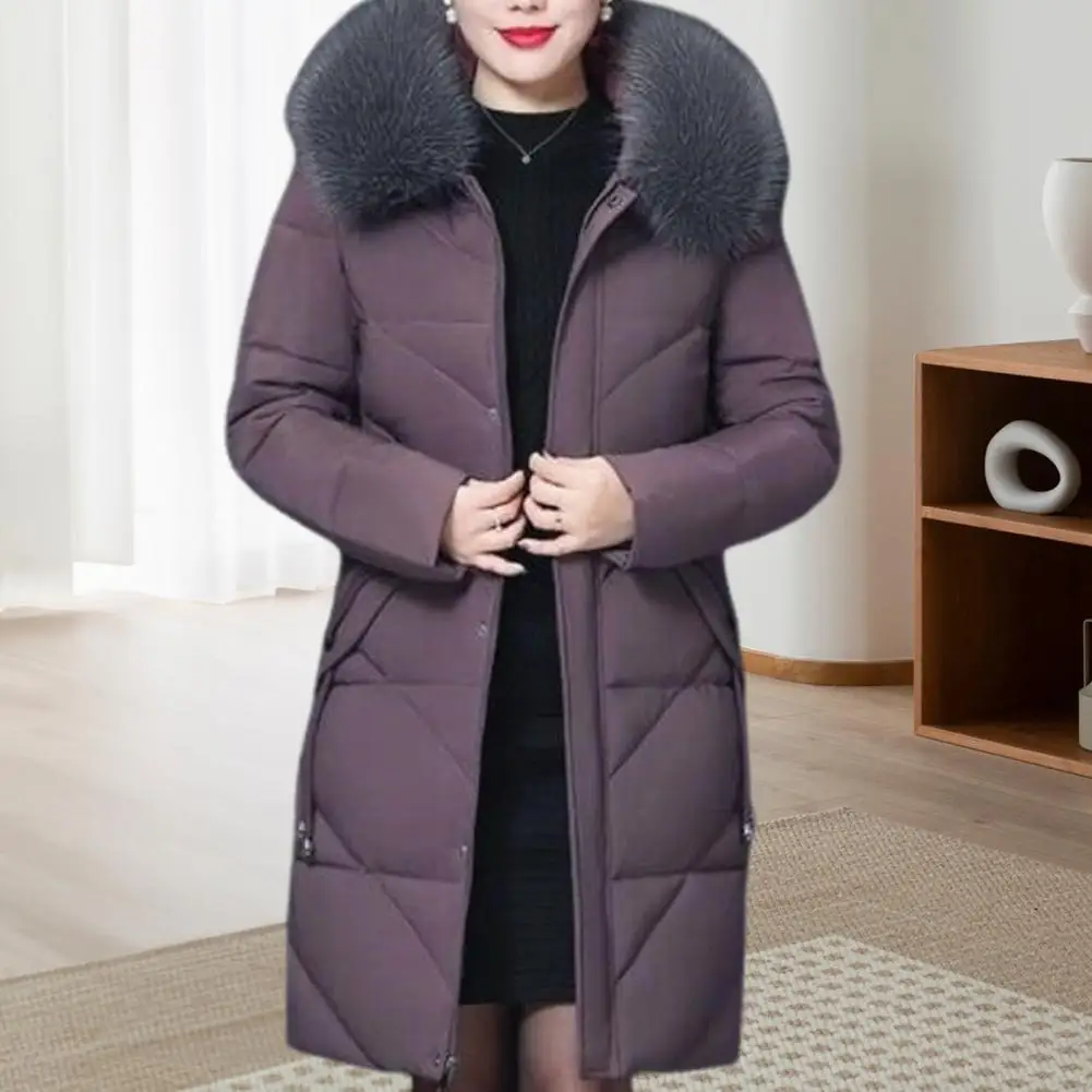 Winter Women Cotton Jacket Mid Length Zipper Closure Padded Coat With Furry Hood Solid Color Neck Pockets Outwear