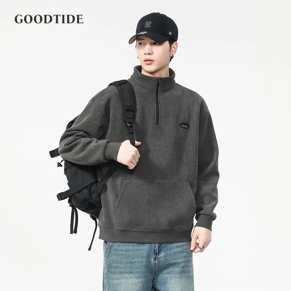 

Fashion Men's Fleece Half Turtleneck Sweatshirt 2025 Winter New Sports Zipper Trend Retro Pocket Long-sleeved Top Pullover