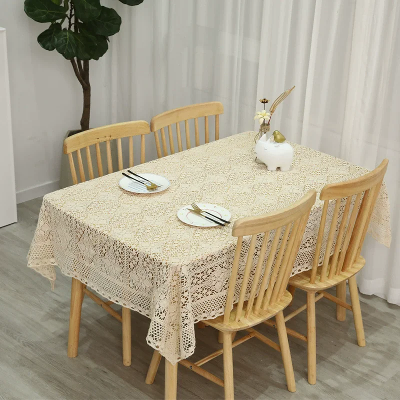Retro Crochet Lace-Trimmed Cotton Linen Tablecloth for Coffee Table Decorative Fabric