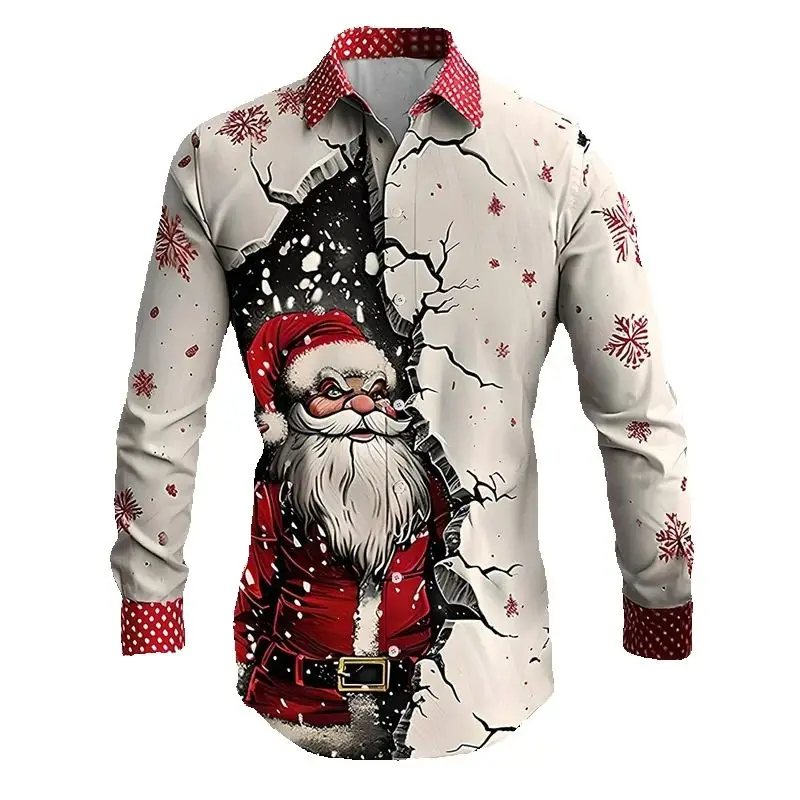 

Gingerbread Socks Print Men's Long-sleeved shirt Funny Santa Claus Pattern Lapel Shirts Autumn Casual Tops Fashion X'mas Clothes