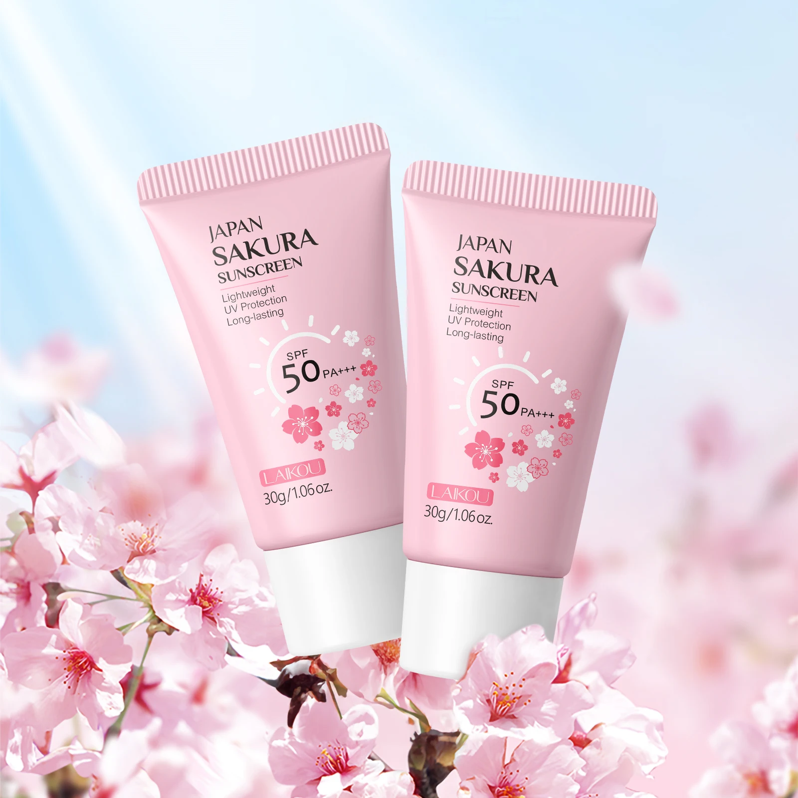 LAIKOU 2 In 1 Daily Sun Makeup Kit Sakura SPF50 Sunscreen Natural Tone CC Cream Non-Greasy Face Care Set