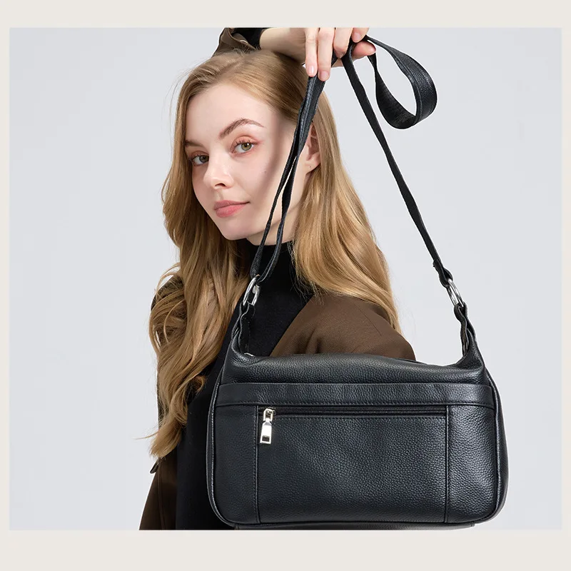 

100% Genuine Leather Women Handbag Cowhide Wide Strap Shoulder Bag Silver Zipper Crossbody Bag Many Pockets Messenger Bags