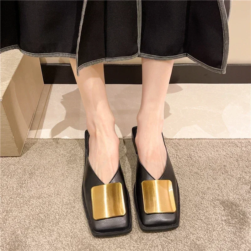 2024 New Women\'s Shoes Closed Toe Women\'s Slippers Fashion Dress Slippers Women Metal Decoration Square Toe Low Heel Shoes Women