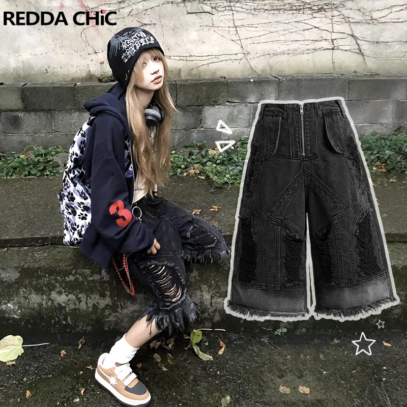 

ReddaChic Punk Women Damaged Bermuda Denim Shorts Hip Hop Raw Edge Distressed Low Waist Jean Shorts Boyfriend Grunge Streetwear