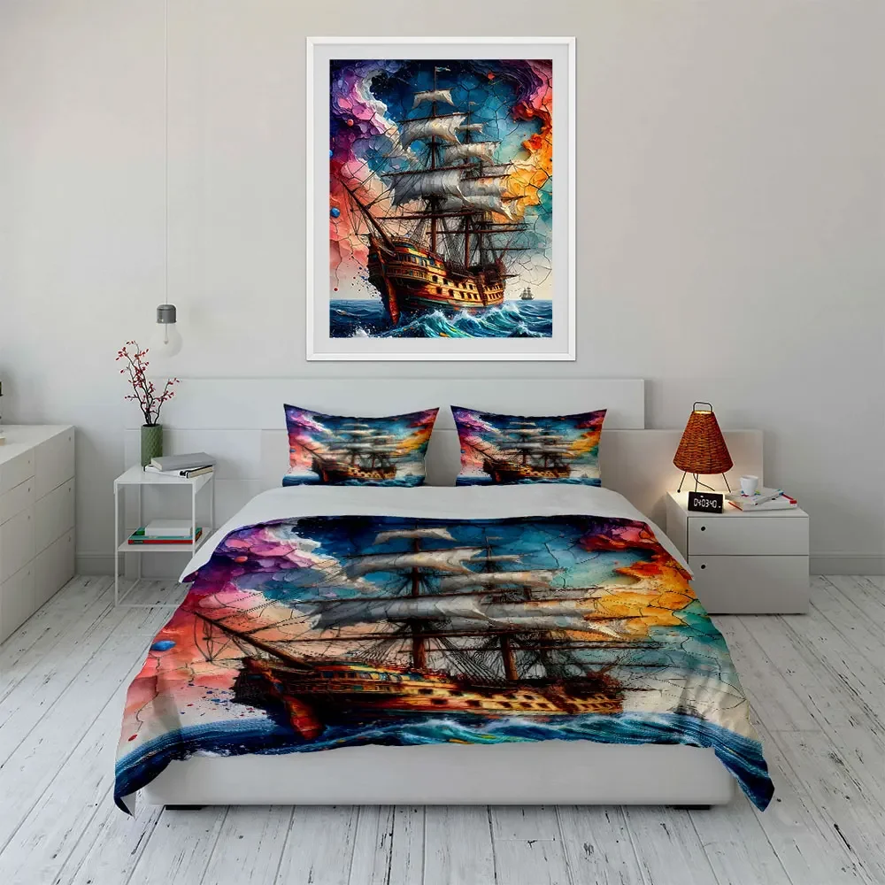 Colorful Ship Wall Art Set Multiple sizes kid's and adults' bedroom Exquisite 3PC bedding set, gift