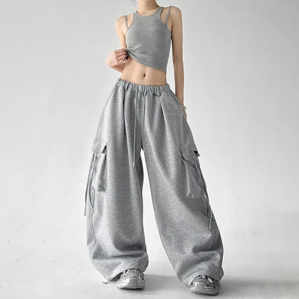 American Hip-hop Cargo Tooling Sweatpants Big Pocket Streamer Wide Leg Pants Women Baggy Pants