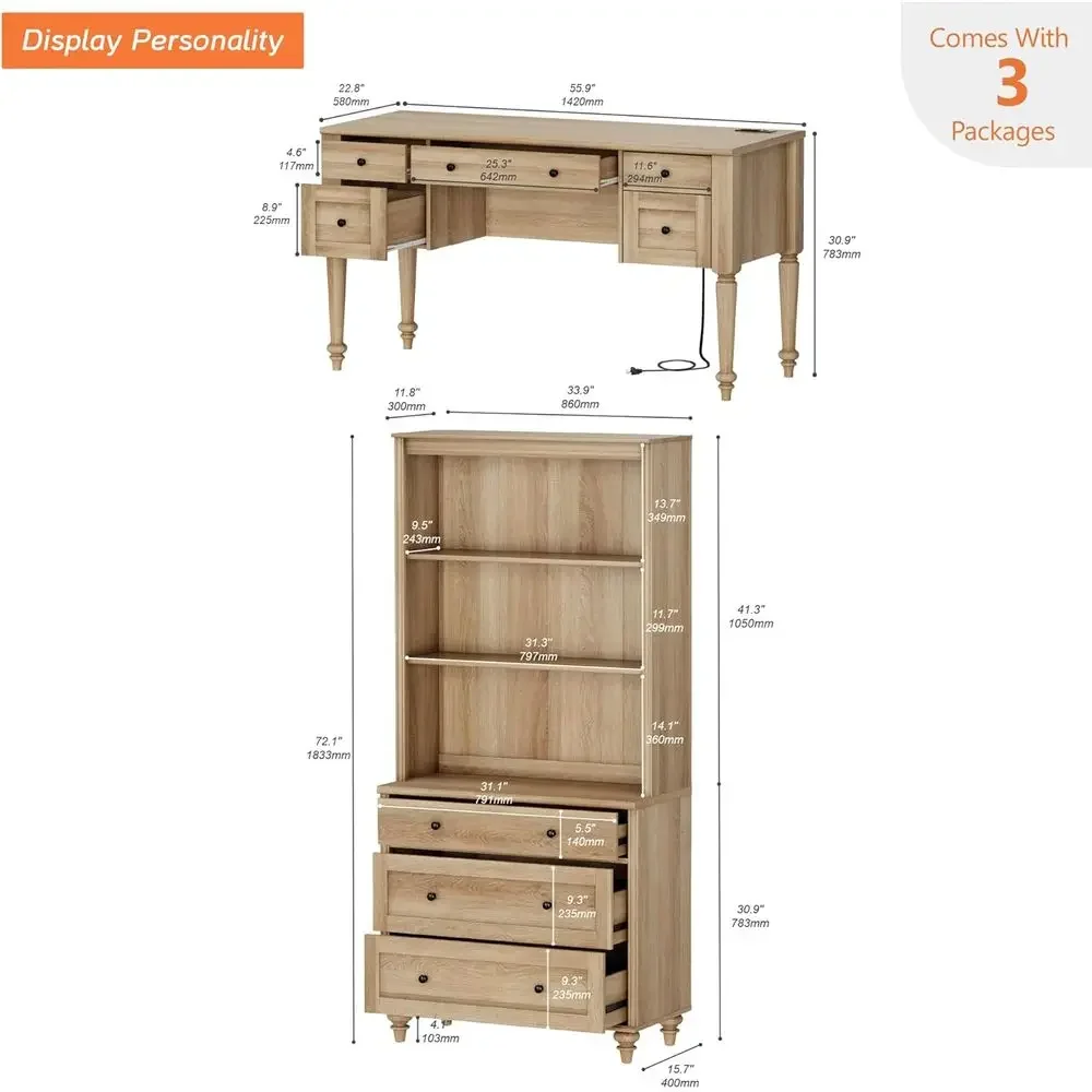 

Special OfferHome Oice Urniture Set, 56'' Executive Desk With Charging Station, 72" Tall Bookcase With 3 Ders, Wood Computer Des