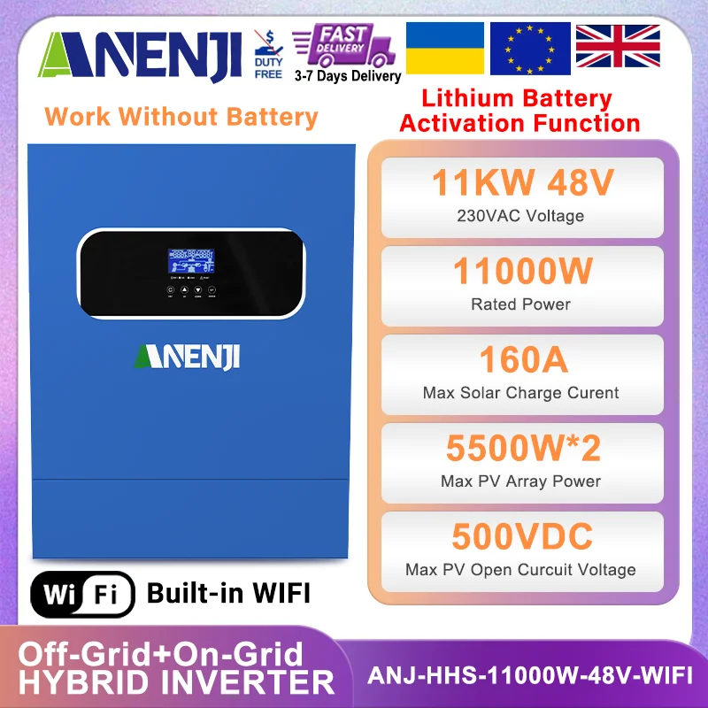 

ANENJI Hybrid Solar Inverter 11KW 6.2KW MPPT Pure Sine Inverter 48V Built-in 160A 120A Off-Grid+On-Grid Solar Charger PV 500VDC