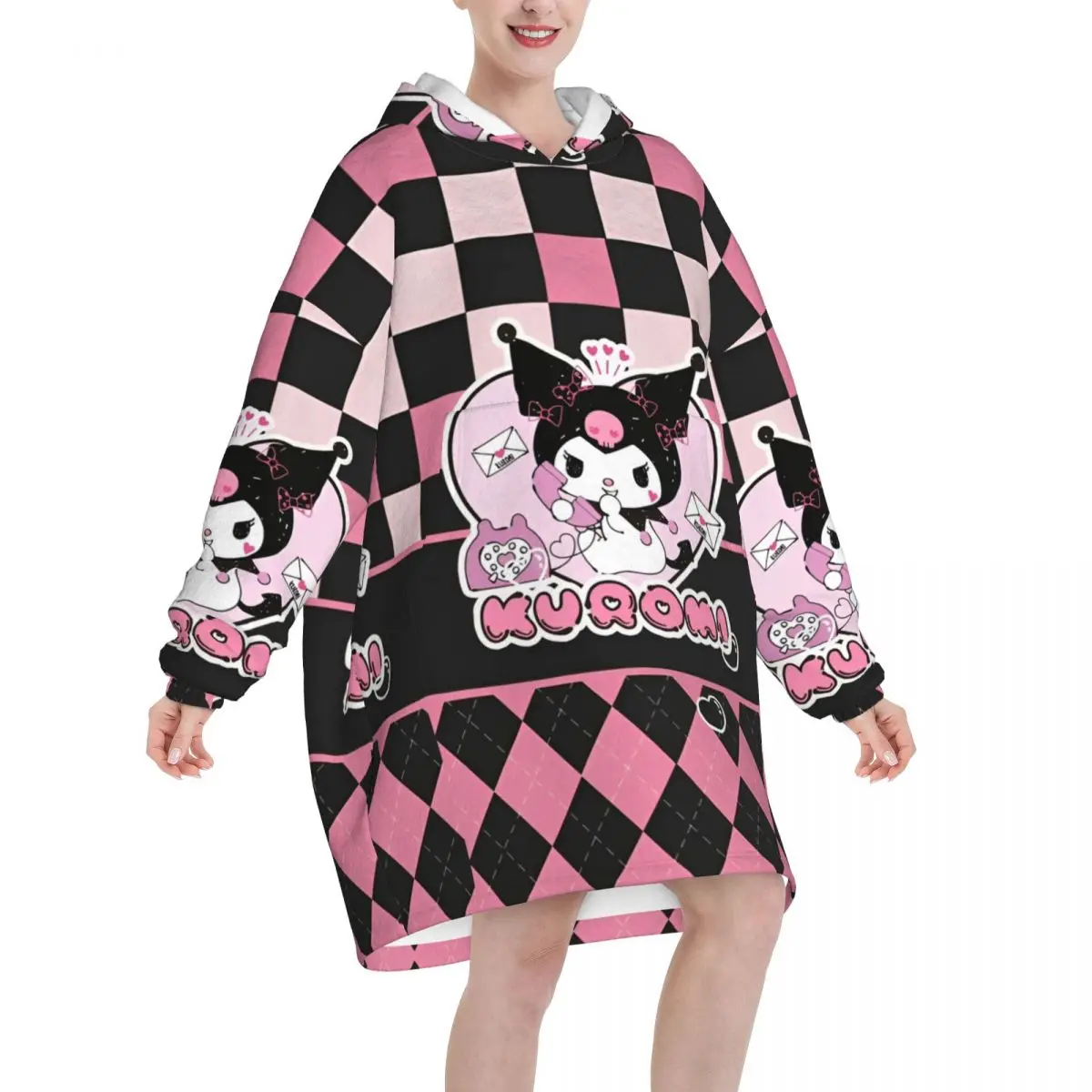 Kuromi Cartoon Cute Wearable Blanket Hoodie as Gifts Cozy Oversize Blanket Sweatshirt Thick Fleece Hooded Blanket with Pocket