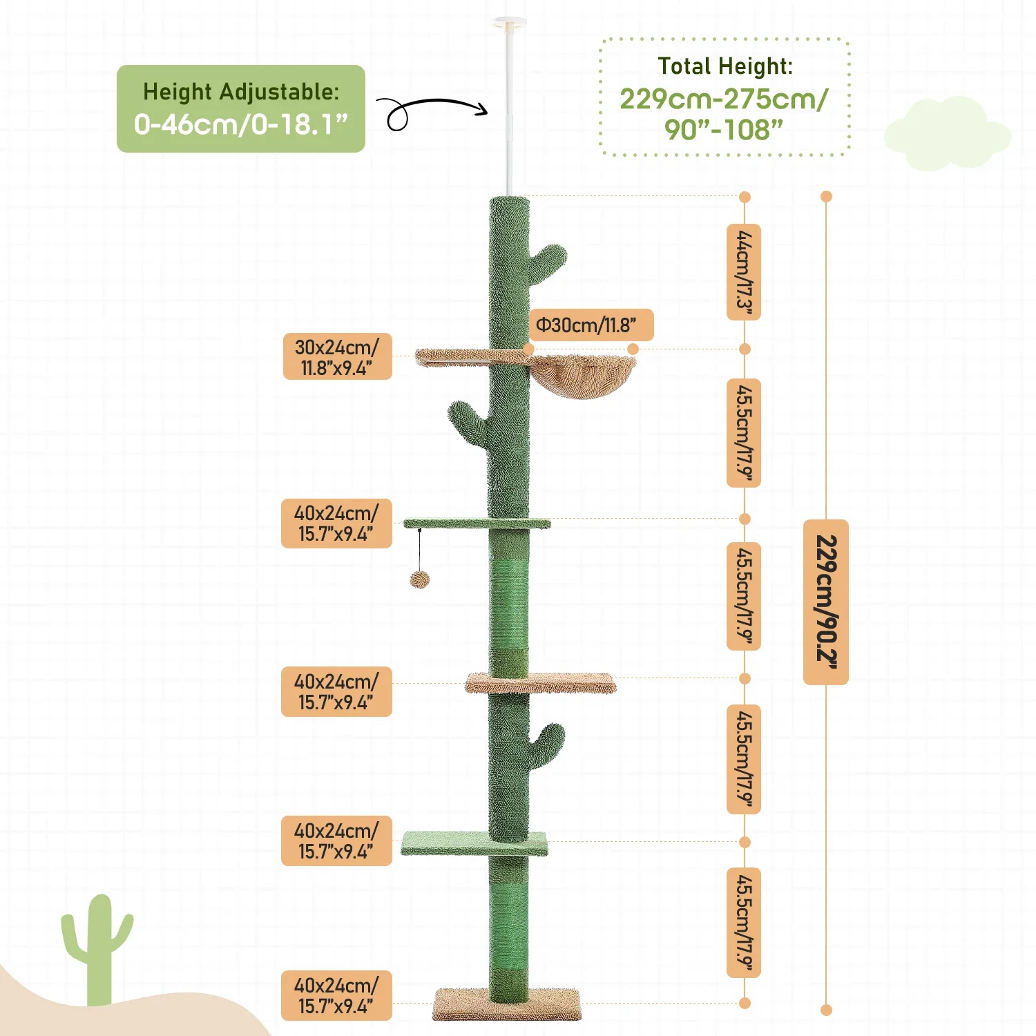 New Cactus Floor to Ceiling Cat Tower with Adjustable Height(95-108 Inches), 5 Level Cat Climbing Tower with Cozy Hammock, Platf