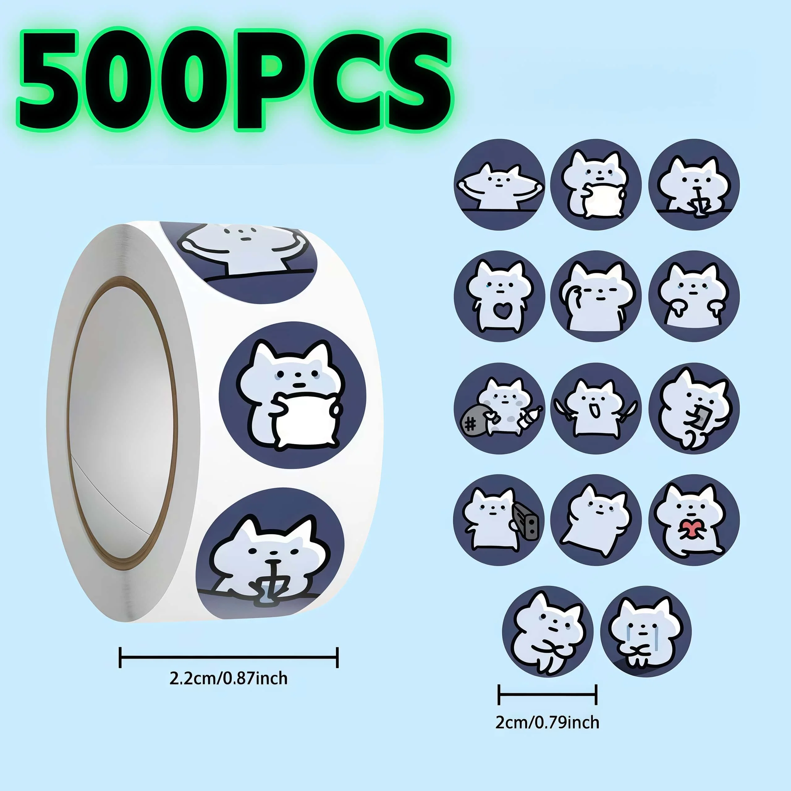 

Рулон наклеек с милыми котиками (500 шт.), 14 повторяющихся дизайнов, круглые наклейки для декора, рукоделия и подарков