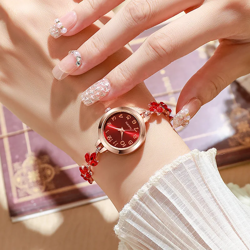 Round Alloy Case Arabic Numeral Classic Dial Leaf-shaped Diamond-encrusted Fashionable Bracelet Elegant Ladies Quartz Watch