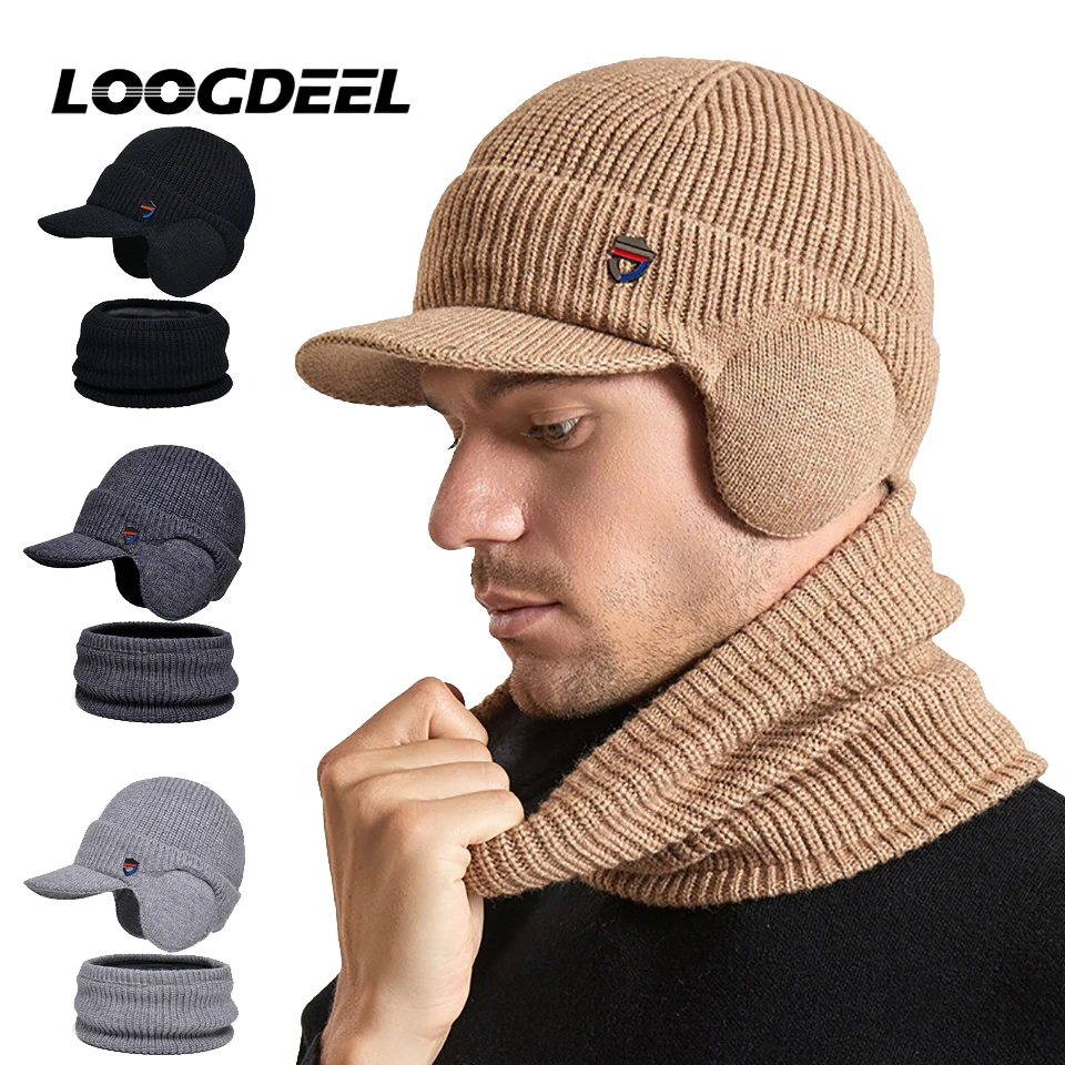 LOOGDEEL شتاء دافئ إيرفلاب بالاكلافا قبعة 2 قطعة مجموعة دافئة سدادات حماية الأذن قبعة وشاح مجموعة مع المخملية الغزل قبعة البلوز قبعة