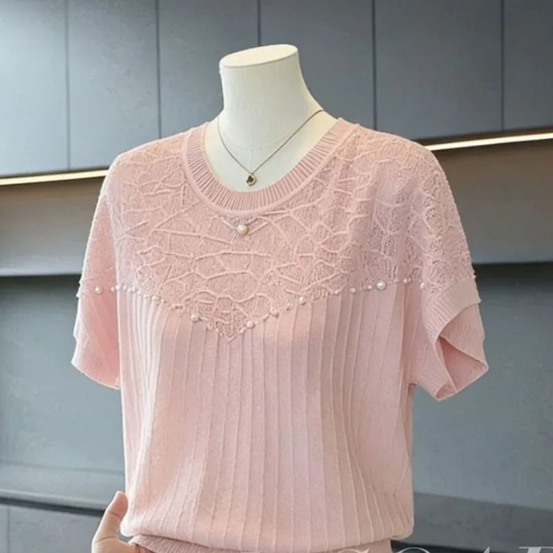 Knitted Short Sleeve T-Shirt Women's Mid-aged And Elderly Fashionable Pearl Embellished Top Korean Style Loose Fit Q291