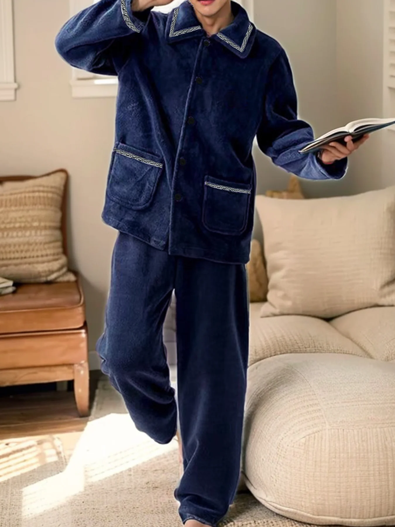 

Men's Navy Textured Pajama Set Thick Flannel Lapel Top & Matching Pants 2 Piece Loungewear