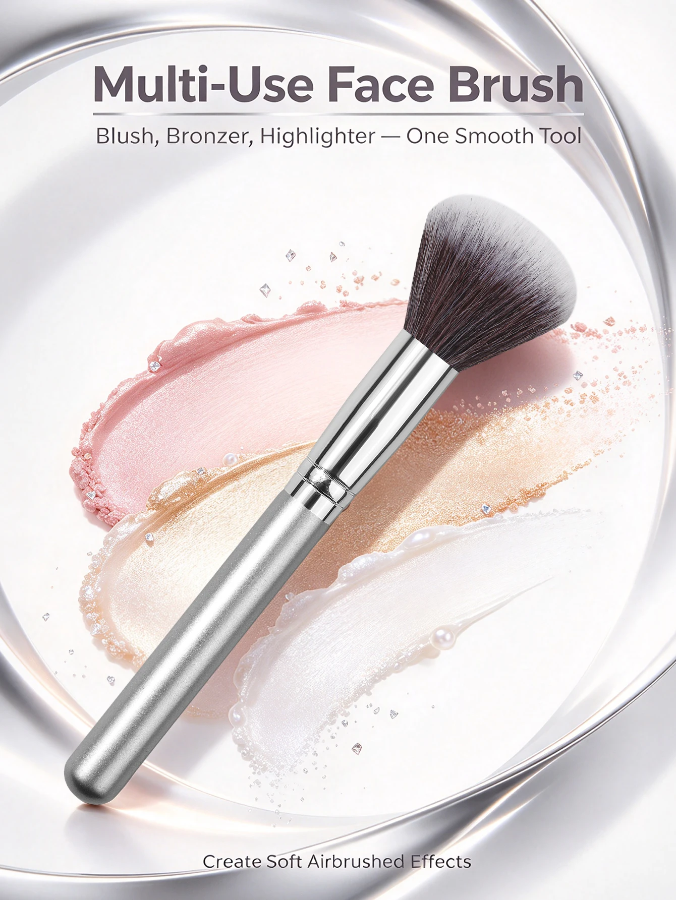 Multi-use Face Makeup Brush Silver Handle Soft Fluffy Hair for Loose Powder Blush Highlight Bronzer Cosmetic Tool