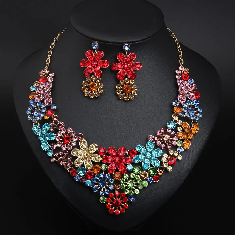 Multicolor Sparkly Rhinestone Flower Jewelry Set Vintage Statement Bib Necklace Dangle Drop Earrings Party Wedding Costume