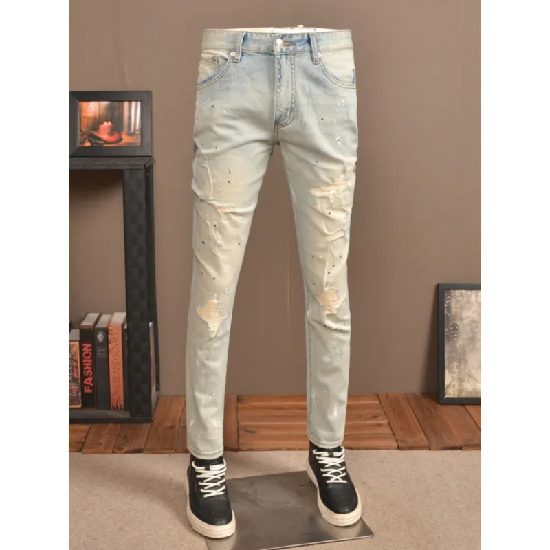 Spring Thin Light Blue Spray Paint Distressed Men'S Jeans Fashion Trendy Elastic Slim Fit Patch Straight Leg Casual Denim Pants