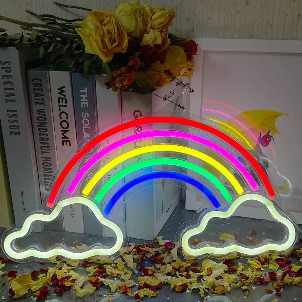 Rainbow Cloud Neon Sign Bedroom LED Neon Light Hanging Wall Party Home Decoration Colorful Night Light USB Power 15.7*7.8 Inch