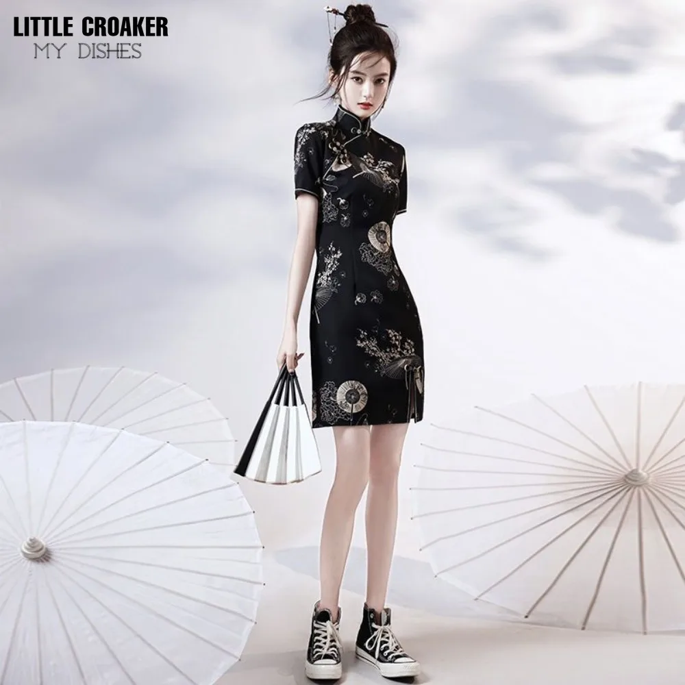 Cheongsam preto qipao para mulheres, chique chinês melhorado, glamoroso de alto nível, senso sênior jovem, homenzinho, verão, novo, 2022