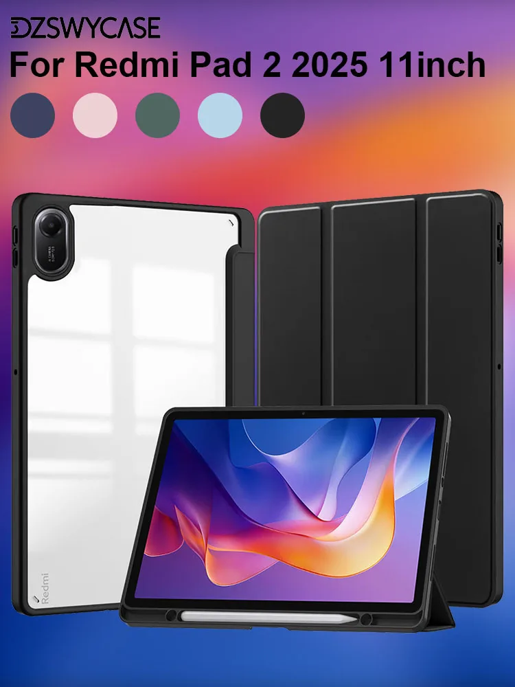 Étui pour Xiaomi Redmi Pad 2 11 pouces 2025, Housse à rabat avec support, avec porte-stylet, Dos transparent avec fonction veille/réveil automatique