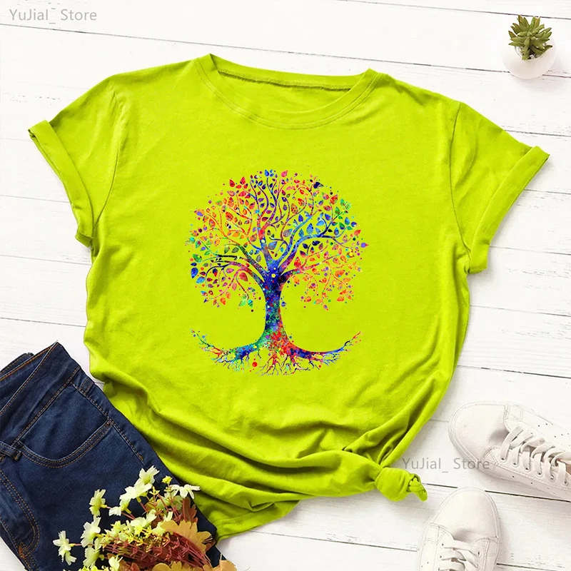 

Watercolor Magic Tree Printed T Shirt Girls Fashion Gray/Green/Yellow/Pink/Black T-Shirt Women Summer Tops Tee Shirt Femme