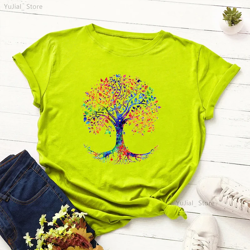 Watercolor Magic Tree Printed T Shirt Girls Fashion Gray/Green/Yellow/Pink/Black T-Shirt Women Summer Tops Tee Shirt Femme