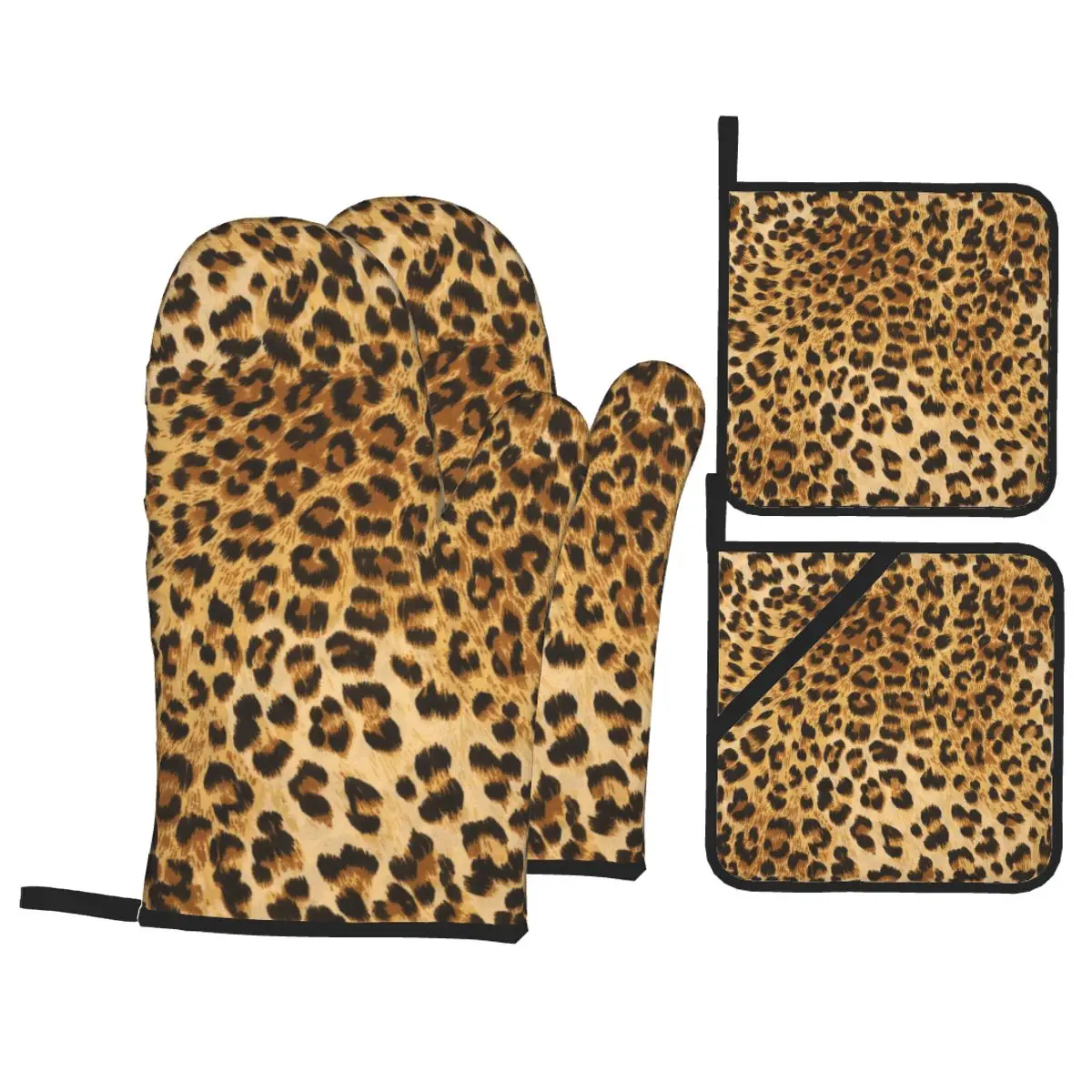 

Leopard Print_XBXBYM 2pcs Gloves Thickened Insulation Gloves and 2pc insulation pad Anti Slip Anti Scald Oven Glove