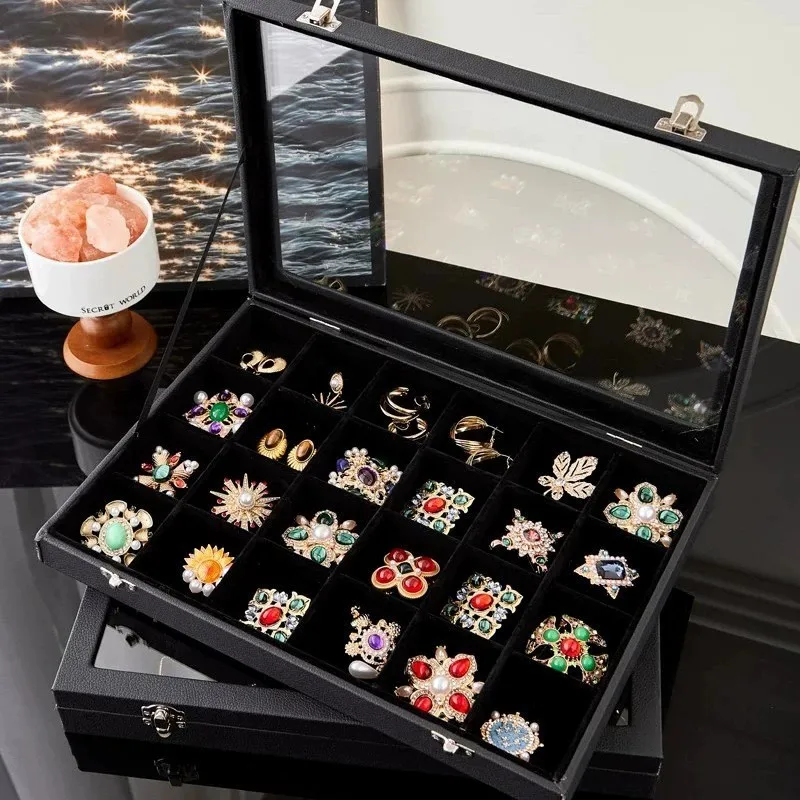 

Black jewelry storage box, brooch, ring, necklace jewelry multi grid large capacity organizing boxglass coverdust-proof storage