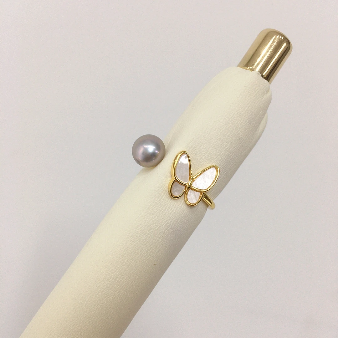 ZHBORUINI New 5A Grade High Brightness Natural Freshwater Pearl Ring With 14K Gold-Plated Premium Butterfly Open Ring Jewelry