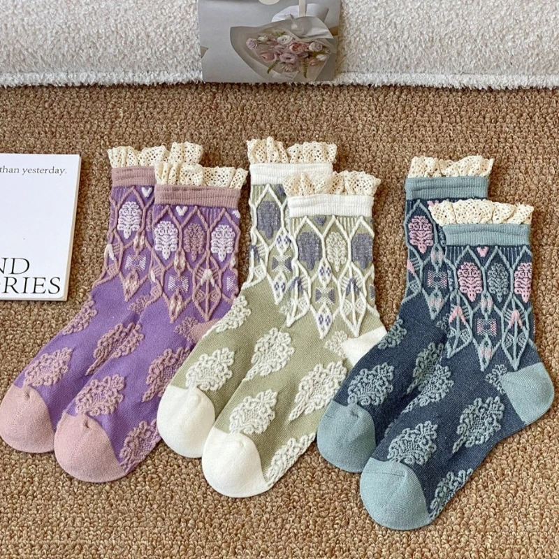 

Purple Lace Ruffle Socks Women Sweet Girls Kawaii Socks Ethnic Harajuku Retro Streetwear Middle Tube Socks Sox JK Japanese Style