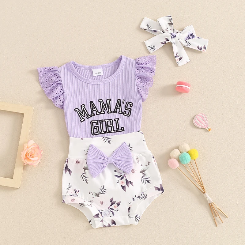 Baby Girls Shorts Set Newborn Clothes Fly Sleeve Letter Print Romper with Flower Shorts Headband Set Summer Outfit