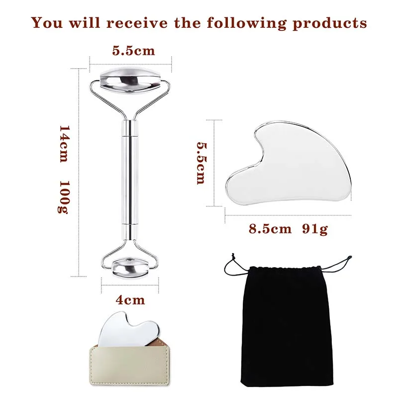 Eiscoller aus Edelstahl, Gua Sha und Gesichtsroller-Set für Gesichtsmassage, Lymphdrainage, Gesichtsformung, inklusive Beutel