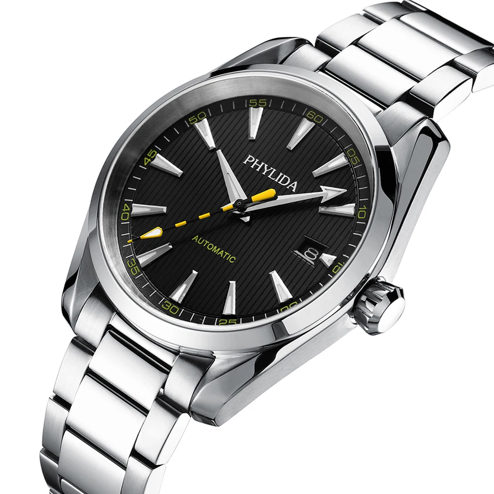 Phylida 40mm nh35a relógio automático masculino moda clássico relógio de pulso mecânico aço inoxidável aqua 15000 gauss